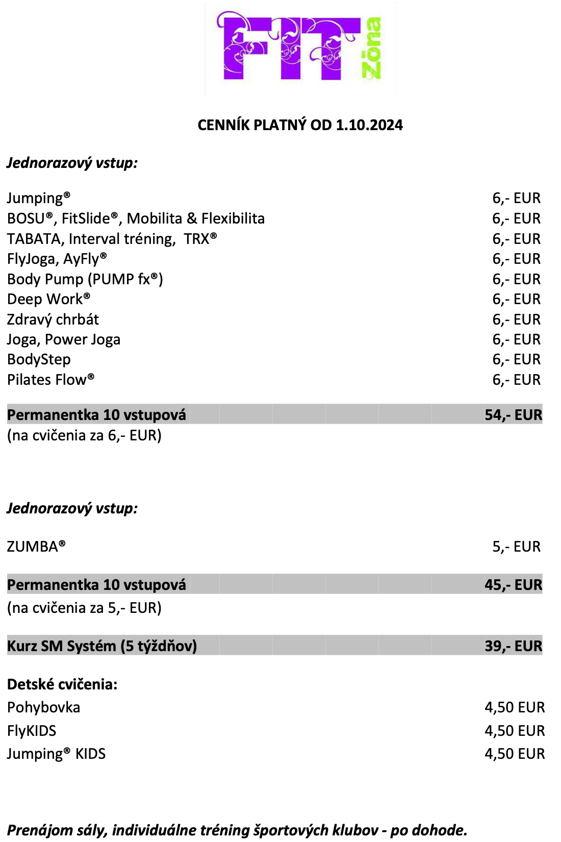 Cenník Fit Zóna Martin platný od 1.10.2024